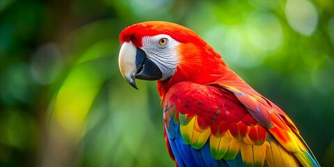 Fototapeta premium Vibrant feathers of Scarlet macaw bird with red, yellow, orange, and blue shades, colorful, scarlet macaw, feathers, bird, vibrant