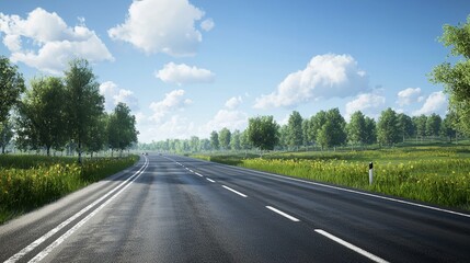 Fototapeta premium Close-up of a high-quality road surface with natural scenery on the sides. Urban development. Automobile highway. Science and technology concept.