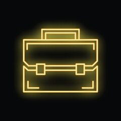 Yellow neon sign of a business briefcase glowing on a black background