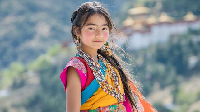 Serene Tibetan Teenager in Traditional Chuba Garb with Colorful Sash and Bead Jewelry, Standing elegantly against Mountain Monastery Background