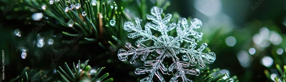 Poster a delicate snowflake resting on evergreen branches, capturing the essence of winter's beauty and tra