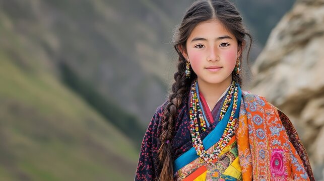Serene Tibetan Teenager in Traditional Chuba and Bead Jewelry Posing at Mountain Monastery