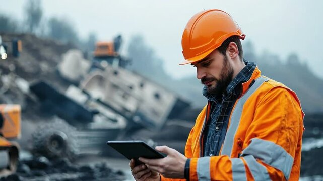 Civil engineering professional at a roadwork site, reviewing progress on a digital tablet, ensuring the project stays on track and within specifications
