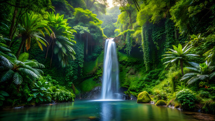 Fototapeta premium Hidden waterfall surrounded by lush rainforest vegetation, hidden, waterfall, mystic, cascade, rainforest, jungle