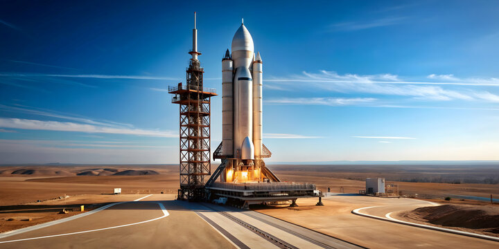 Space rocket preparing for launch on a desert launch pad with sky background , Space, rocket, launch pad, spacecraft, technology