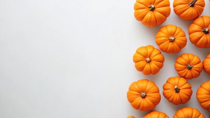 Multiple small orange pumpkins arranged on white background