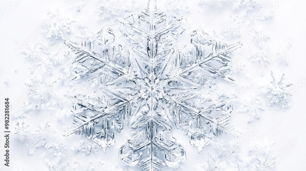 Poster a beautiful snowflake close-up showcasing intricate patterns and delicate details, symbolizing winte