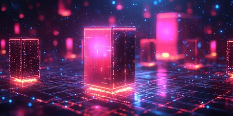Glowing red and blue futuristic cityscape with digital grid.