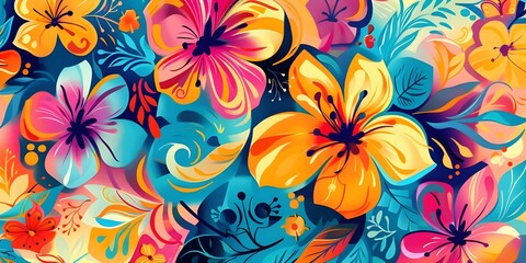 Vibrant Abstract Floral Background with Colorful Hibiscus and Tropical Leaves
