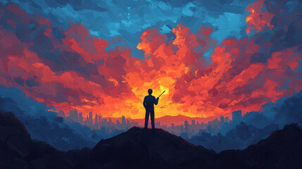 A silhouette of an artist standing on hill, holding brush against vibrant sunset backdrop. dramatic colors evoke sense of inspiration and creativity