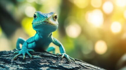 Vibrant blue lizard rests on log in sunlit forest setting, against blurry background of foliage