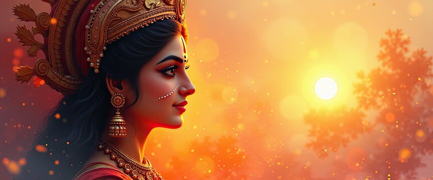 Soft watercolor of Goddess Durga’s face illuminated by the warm glow of the Durga Ashtami puja for Banner or Background 
