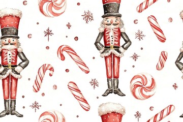 Watercolor Christmas seamless pattern with nutcracker, candy canes and snowflakes.