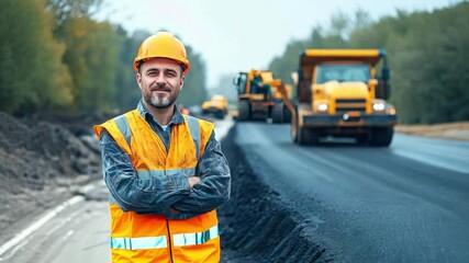 A civil engineer supervises the crew laying down asphalt at a road construction site with construction vehicles and equipment in the background