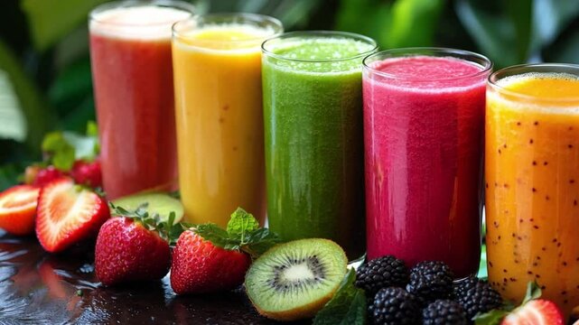 A dynamic background of fresh fruit smoothies in various colors and glassware, emphasizing healthy drinks, with an assortment of fruits and herbs on a rustic table.