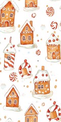 Watercolor gingerbread houses and candy seamless pattern, great for wrapping paper, Christmas cards, and holiday decor.