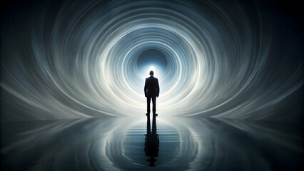 A lone figure standing in a whirl of darkness, shedding a single tear, Despair, Hopelessness, Sadness, Loneliness, Grief