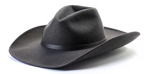 Black felt tricorn hat features a broad brim and sharp corners, beautifully isolated against a clean white backdrop.