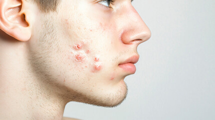 Closeup man face with red pimples, inflammation on face and problem skin. Acne, rosacea and couperose therapy. Facial treatment skincare routine and hygiene Cosmetic and beauty banner with copy space