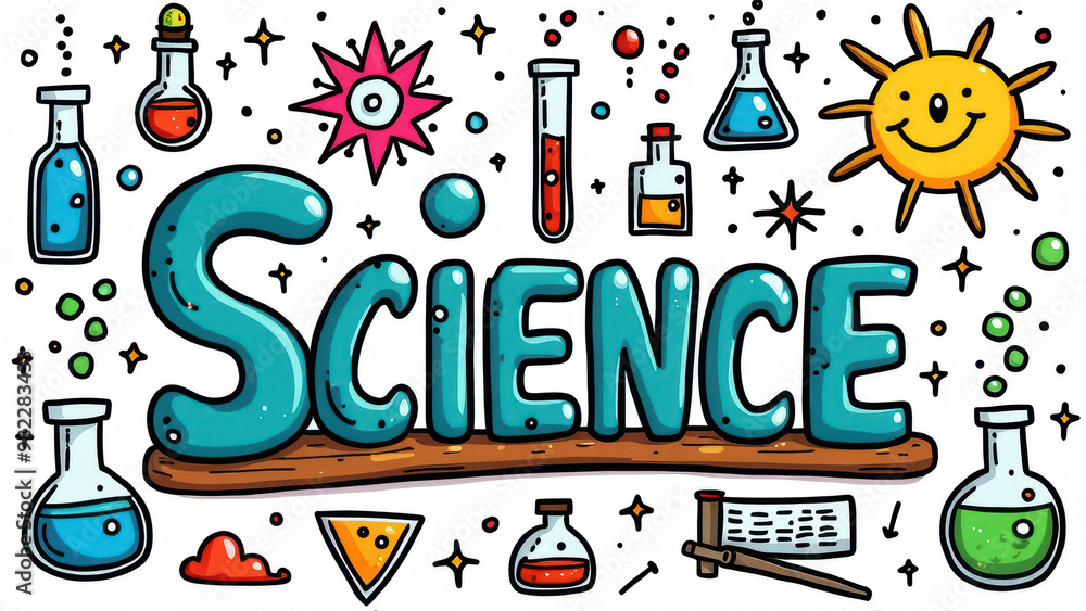 Aufkleber bright and vibrant graphics depict various science tools and concepts, such as beakers and flasks, a