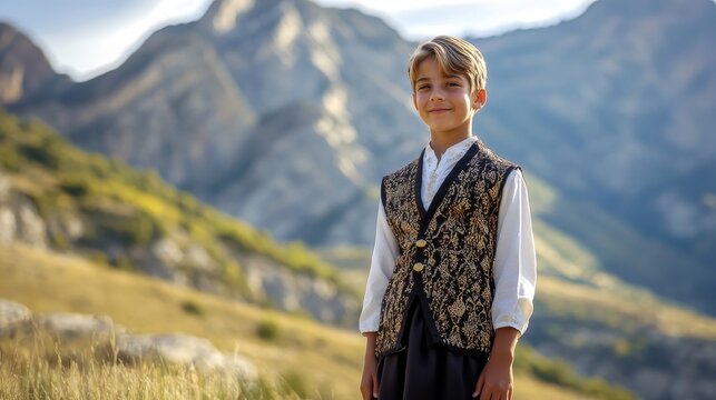 Authentic Albanian Teenager in Fustanella and Xhamadan Vest Against Mountain Backdrop - Cultural Heritage Full-Body Portrait