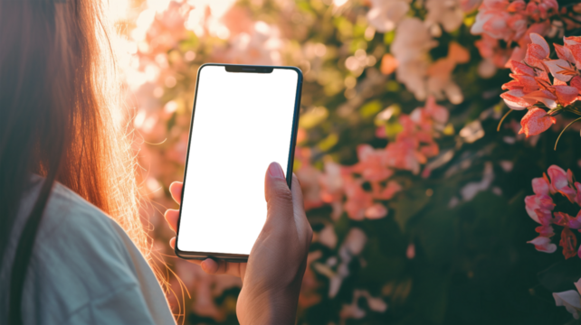 【透過】背景が花のディスプレイ部分が透過（透明）したスマートフォンの画像素材,文字入れ,はめ込み,背景,花 - Powered by Adobe