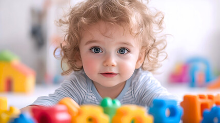 Fototapeta premium Cute Toddler Playing with Colorful Toys Indoors 