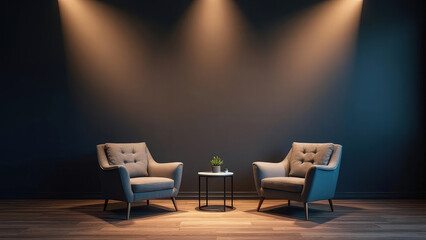 Realistic studio setup with two modern armchairs and professional studio lights, arranged for a podcast interview in a dimly lit room with a dark background