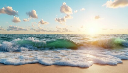 Peaceful Coastal Sunset with Gentle Waves and Warm Sunlight, Tranquil Beach Scene, Serene Ocean Landscape, Calming Water, Golden Hour Photography