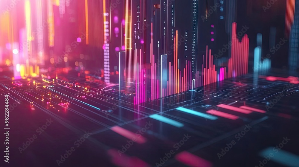 Poster Vibrant abstract visualization with neon colors representing data and digital trends in a futuristic environment.