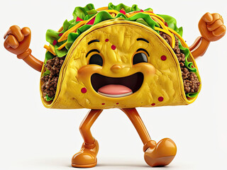 A joyful and animated taco character with arms and legs, celebrating with an enthusiastic smile. The taco shell is stuffed with vibrant ingredients like lettuce, meat, and cheese.