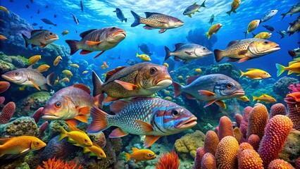 Vibrant blue waters of the Gulf of Mexico burst with marine life, featuring majestic groupers, rainbow-colored