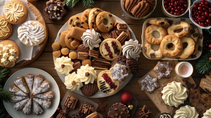 A variety of baked goods and candies artfully arranged, showcasing holiday treats.