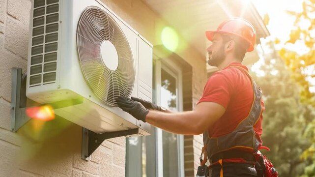 A male air conditioner technician standing on a ladder, about to fix an air conditioning system on the exterior wall of a house, looking determined.