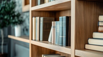 Fototapeta premium Close-up of a wooden bookshelf filled with books