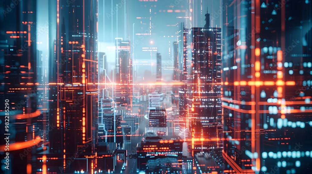 Poster digital twin of a financial district analyzing building performance energy use and security systems