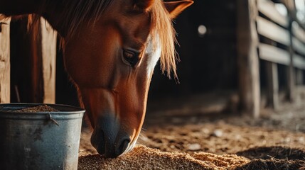Close-up of a Brown Horse Eating Grain