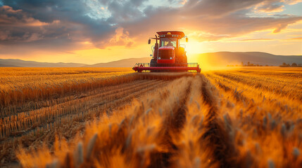 Fototapeta premium Tractor Working in a Field of Ripe Wheat on a Sunny Day. Generative AI