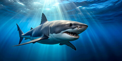 Fototapeta premium A menacing shark swimming in the deep blue sea, shark, predator, ocean, underwater, marine life, wildlife, dangerous, water