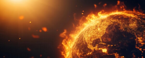 Fototapeta premium A dramatic depiction of a burning planet, showcasing fiery elements and cosmic beauty, symbolizing destruction and rebirth.