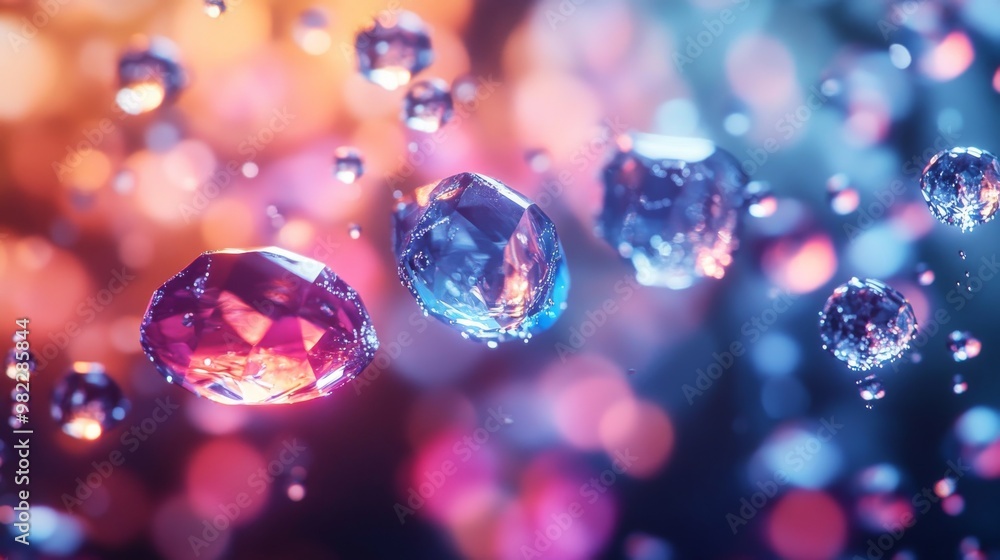 Poster abstract colorful gems floating on a blurred background