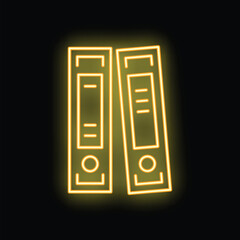 Neon glowing outline icon of office folders with documents, papers, files standing on a black background