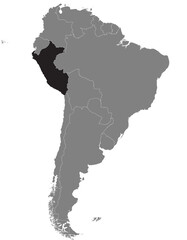 Highlighted map of PERU inside detailed blank flat political map of South (Latin) American continent on isolated background