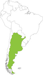 Highlighted map of ARGENTINA inside detailed blank flat political map of South (Latin) American continent on isolated background