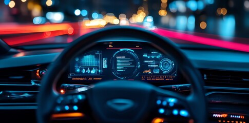 Interior of a car with a futuristic digital dashboard illuminated at night.