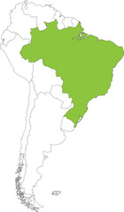 Highlighted map of BRAZIL inside detailed blank flat political map of South (Latin) American continent on isolated background