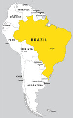 Highlighted map of BRAZIL inside detailed blank flat political map of South (Latin) American continent on isolated background