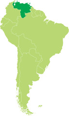 Highlighted map of VENEZUELA inside detailed blank flat political map of South (Latin) American continent on isolated background