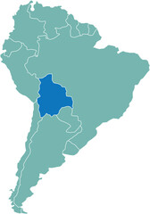 Highlighted map of BOLIVIA inside detailed blank flat political map of South (Latin) American continent on isolated background