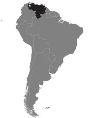 Highlighted map of VENEZUELA inside detailed blank flat political map of South (Latin) American continent on isolated background